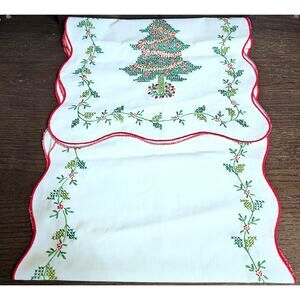 Vintage Christmas Embroidered Cross Stitched Table Runner 66"  x 13.5"